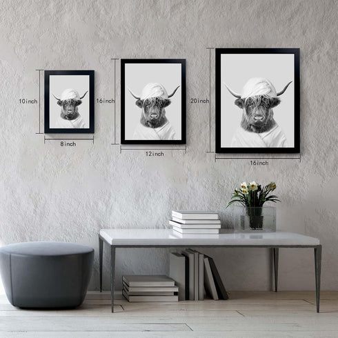 Funny Highland Cow Framed Wall Art, Black and White Canvas Cow in Bathroom Picture, Rustic Style Artwork 8"x10"