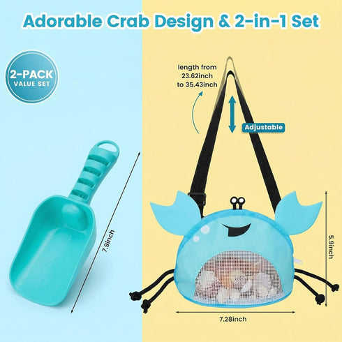AMOR PRESENT Mesh Baby Beach Bag, Shell Collecting Bag with Shovel Crab-Shaped Adjustable Strap for Holding Shell Sea