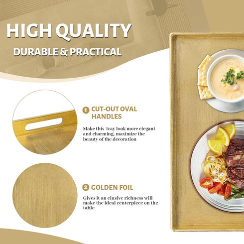 13" 13" 1.6" MAONAME Gold Decorative Tray with Handles, Foil Serving Tray for Ottoman, Square Coffee Table Trays