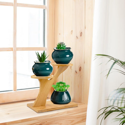 XXXFLOWER 3 Tiers Bamboo Plant Stand, Indoor Succulent Windowsill Shelf - Small Tabletop Plant Holder for Home