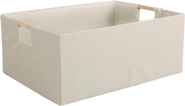 Fabric Storage Bin Box - Foldable Cotton Linen Basket with Wooden Handles for Home Laundry Organizer