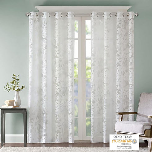 Madison Park 50x95" Semi Sheer Single Curtain, Grommet Top, Modern Botanical Print Window Drape, Tropical White
