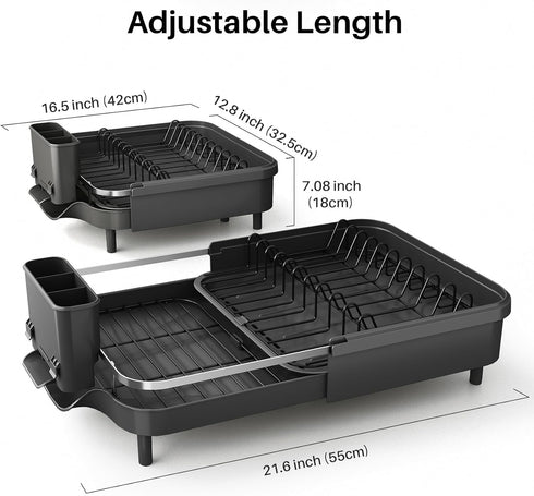 Dish Drying Rack - Expandable Stainless Steel Dish Rack with Drainboard Set and Utensil Holder, Black