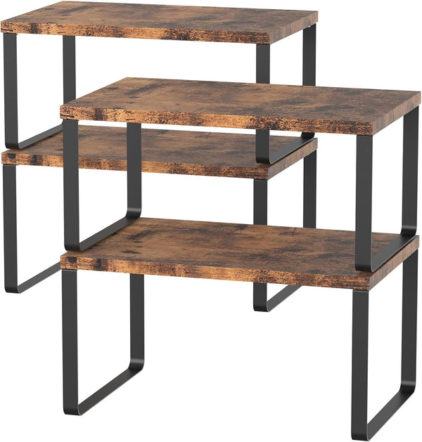 Set of 4 Stackable Counter Shelves, Wood Organizer for Kitchen and Bathroom, Expandable Countertop Racks, Brown