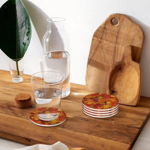 HOYYU Set 4 Fall Autumn Maple Leaves Coasters for Drinks Absorbent Ceramic Coasters of for Coffee Table Cup Bar Beer