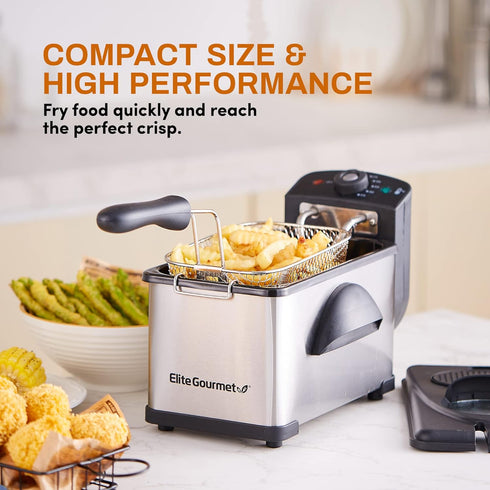 Elite Gourmet EDF2100 Electric Immersion Deep Fryer, 2 Quart / 8.2 Cup, Removable Basket, Adjustable Temperature, Lid