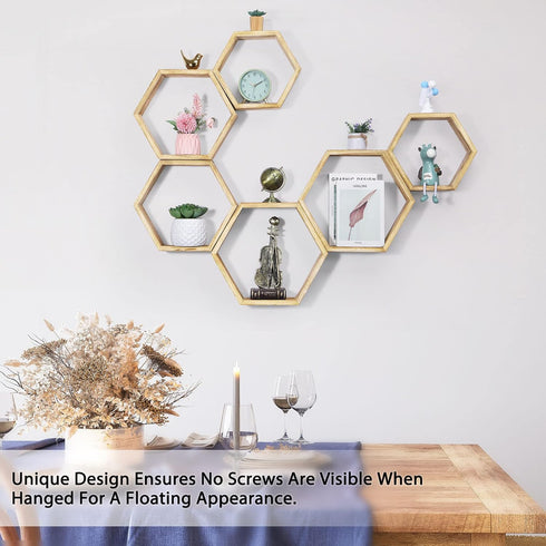 Set 6 NOVIMANGO Hexagonal Floating Shelves Wall Mounted of Wooden Hexagon Shelves Farmhouse Storage Honeycomb Shelves