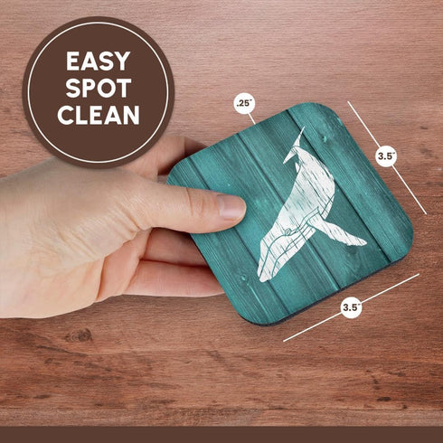 3dRose Humpback Whale Stencil - Soft Coasters Set of 8 in Faded White Paint Over Teal, Not Real Wood