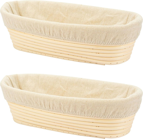 2 PCS 10 inch Oval Long Banneton Brotform Rattan Basket & Liner for Bread Dough Proofing, Rising for Bakers