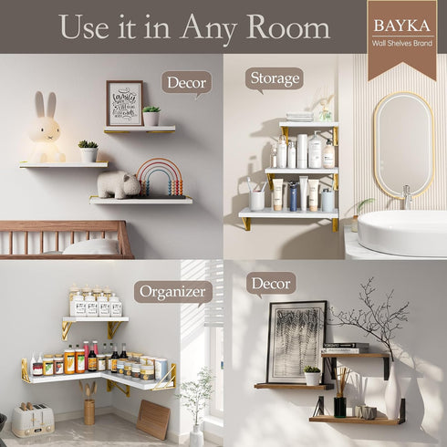 GoldSet 3) BAYKA Wall Shelves for Bedroom Decor, Floating Wall Shelves for Living Room Kitchen Storage, Wall Mounted