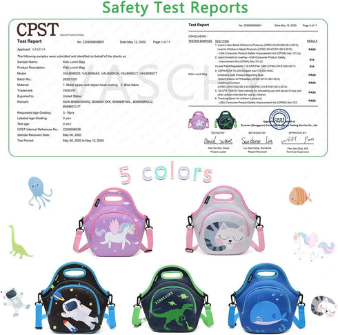 VASCHY Lunch Bag for Kids - Insulated Neoprene Lightweight Lunch Box for Boys and Girls, Dinosaur Design