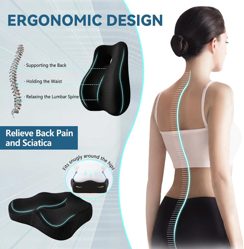Black Seat Cushion & Lumbar Support Pillow Set for Office Chair, Ergonomic Memory Foam Back Support Pillow & Chair