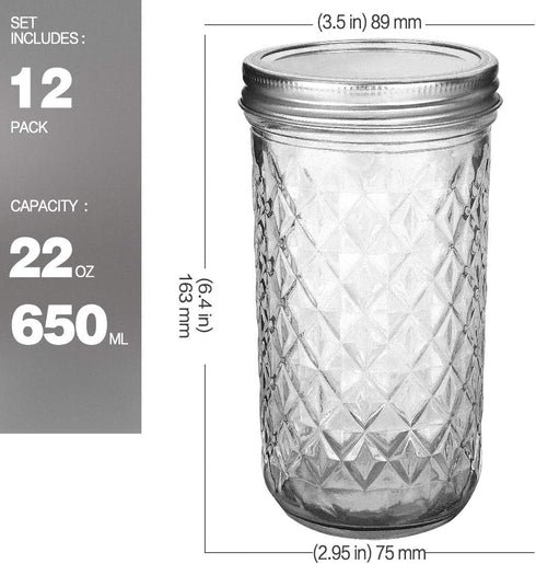VERONES Wide Mouth Mason Jars, 22oz, 12 Pack with Lids and Bands, Ideal for Jam, Honey, Wedding Favors