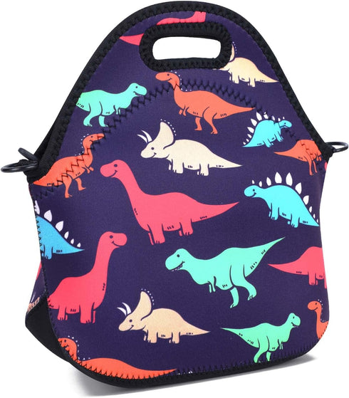 Violet Mist Neoprene Lunch Bag | Reusable Insulated Box with Adjustable Shoulder Strap for Men and Women, Dinosaur 2
