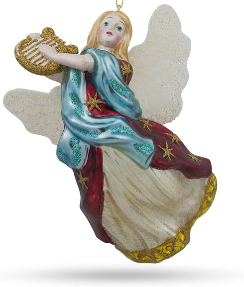 Angel Playing Music on Harp Blown Glass Christmas Ornament