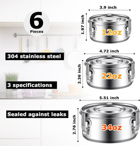 Zopeal 6 Pcs Stainless Steel Food Storage Containers with Lid, Bento Lunch Boxes for Camping, 3 Sizes (12oz, 22oz, 34oz)