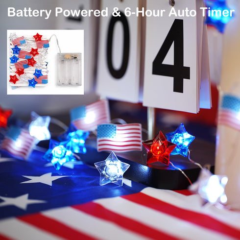 4th 13 40 BOHON of July Decorations Battery Operated String Lights with Timer ft LEDs Red White and Blue Star American