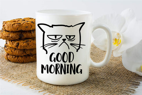 CBTwear Good Morning Funny Grumpy Cat 11oz White Ceramic Coffee Mug - Unique Cat Mom Gift for Any Occasion