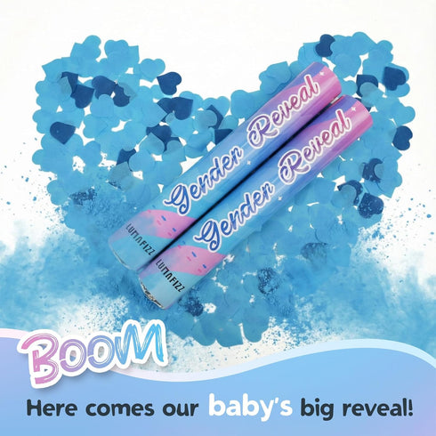 12Inches 4Pcs 4 Pack Gender Reveal Confetti Cannon - Biodegradable Powder & Heart Shaped Confetti Poppers - Blue