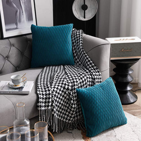 DEZENE Turquoise Throw Pillow Cases, 22x22 Inch, 2 Pack Original Striped Velvet Decorative Pillow Covers