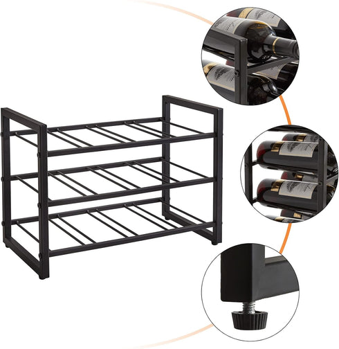 IBUYKE Stackable Wine Rack | 3 Tier Wine Storage Shelf for 12 Bottles | Inserts for Cabinet, Countertop, Pantry, Bar