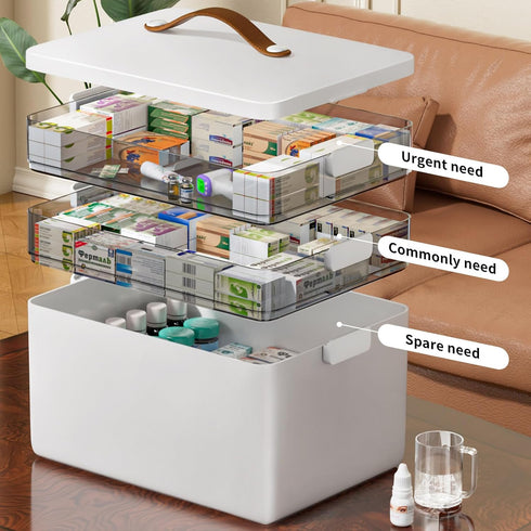3-Tier CTIME Medicine Organizer - Portable Medicine Cabinet with Leather Handle, Empty First Aid Kit for Home