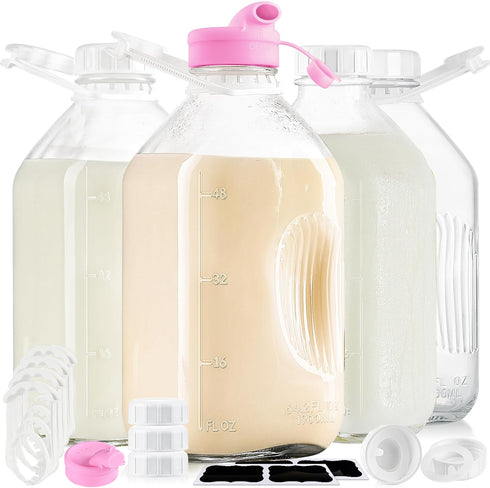 4 Pack 1/2 Gal Glass Milk Bottle with Airtight Lid & 2