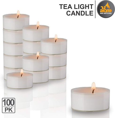 Ner Mitzvah Tea Light Candles, 100 Bulk Pack, White Unscented Tealight Candles in Clear Cup