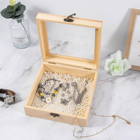 Unfinished Wooden Display Box with Glass Top, Small Hinged Lid Keepsake Storage Box for Jewelry and Home Decorations