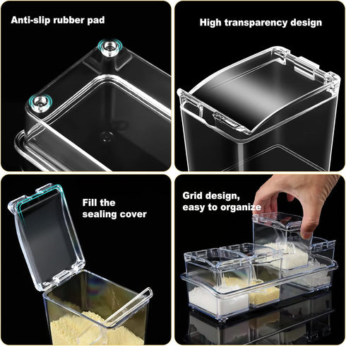4 Set 16 10 4 3.3 Inch Bokon Acrylic Clear Seasoning Box with Spoon, Pcs Kitchen Seasoning Organizer Box Spice Pots