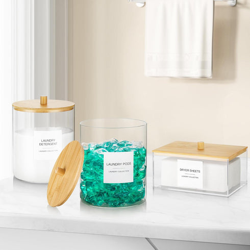 Acrylic Dryer Sheet Holder with Lid, Clear Container with 27 Labels for Laundry Pods Storage and Organization