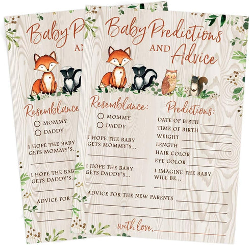 Baby Predictions & Advice for New Parents, Set of 50 Cards, Woodland Baby Shower Activity, Gender Neutral Theme
