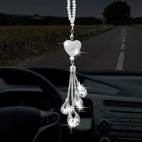 Frienda Bling Heart Car Charms for Women, Crystal Rear View Mirror Hanging Decoration, 9.8 Inch White Pendant