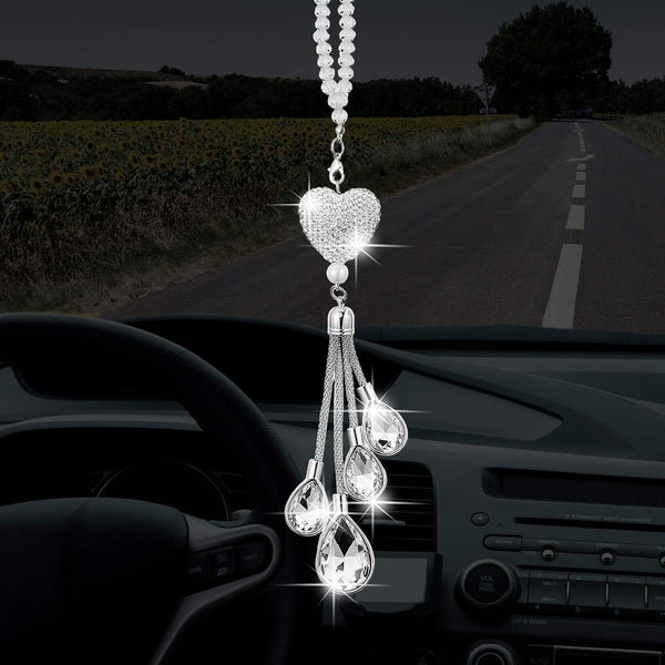 Frienda Bling Heart Car Charms for Women, Crystal Rear View Mirror Hanging Decoration, 9.8 Inch White Pendant