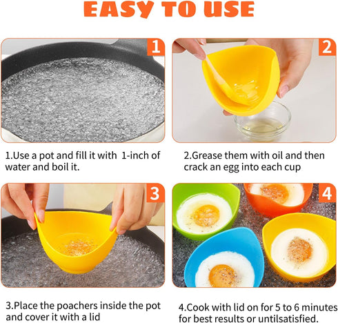 Egg Poacher - Poached Egg Cooker with Ring Standers, Food Grade Non Stick Silicone Egg Poaching Cup for Microwave or
