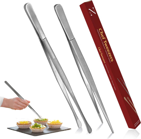 Namre' Tweezer Tongs for Cooking - 2 Pack Stainless Steel Plating Tweezers, Thin Chopstick Tongs, 12 Inch, Silver