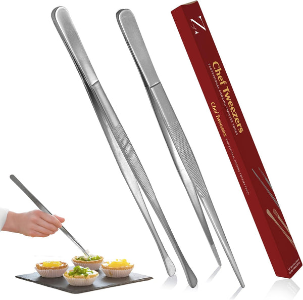 Namre' Tweezer Tongs for Cooking - 2 Pack Stainless Steel Plating Tweezers, Thin Chopstick Tongs, 12 Inch, Silver