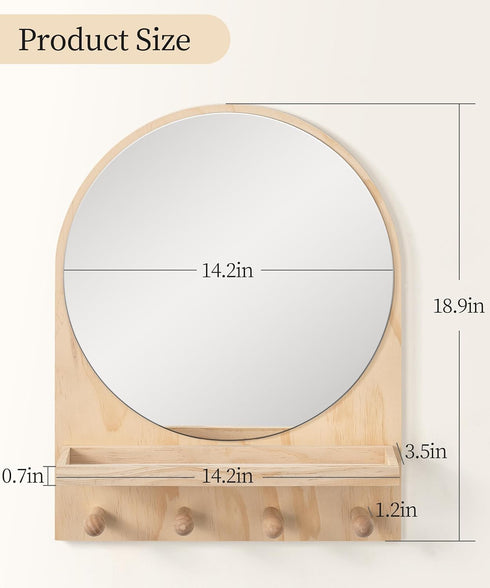 14x18 Inch Maxpeuvon Nursery Mirror, Boho Circle Mirror Wall Mount Natural Wood Shelf Hanging Arch Modern Wall Decor