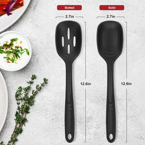 Silicone Cooking Spoon Set, Premium Non-Stick Solid and Slotted Spoon Pack of 2 Kitchen Basting Spoons for Cooking, Large Heat-Resistant Utensils for Mixing, Serving, Stirring, Scooping, Scraping