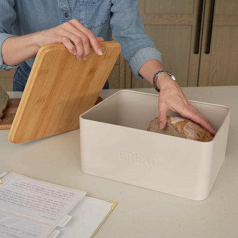 Beautiful Bread Box with Wooden Lid for Kitchen Countertop, Spacious Container for Homemade Bread, Muffins, Bagels