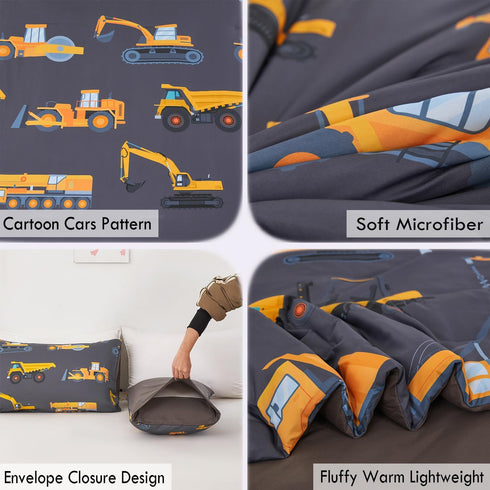 Set Set 3 Set Set 2 ZRNBAST Construction Kids Bedding for Boys Queen Size Trucks Dark Grey Comforter Teens Pieces