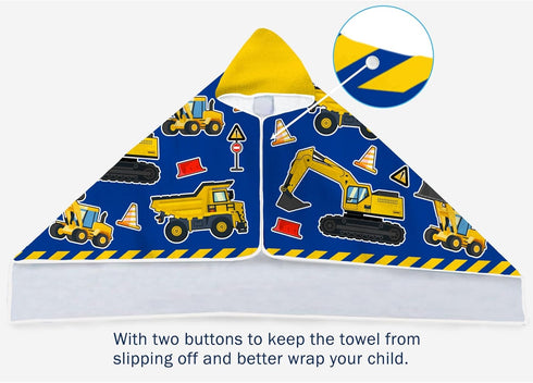 Kids Beach Towel with Hood - Excavators Vehicles Theme for Boys & Girls, Microfiber Soft Bath Poncho Wrap Robe