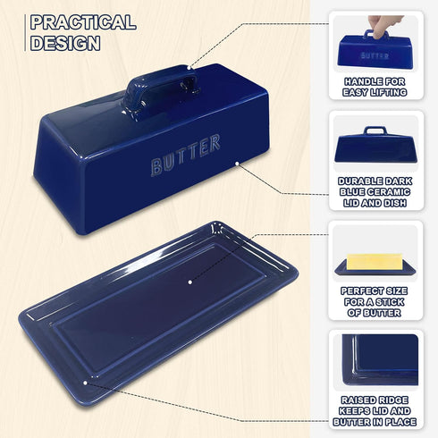 Gute Butter Dish with Lid, Covered Ceramic Butter Tray Storage for 1 Stick of Butter, Navy Blue