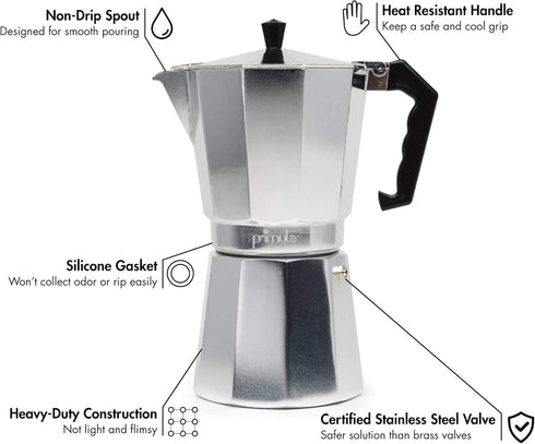 Primula Classic Stovetop Espresso and Coffee Maker, Moka Pot for 9 Espresso Cups, Silver