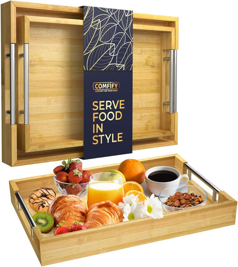 Comfify Decorative Bamboo Serving Trays with Silver Stainless Steel Handles 2-Piece Set