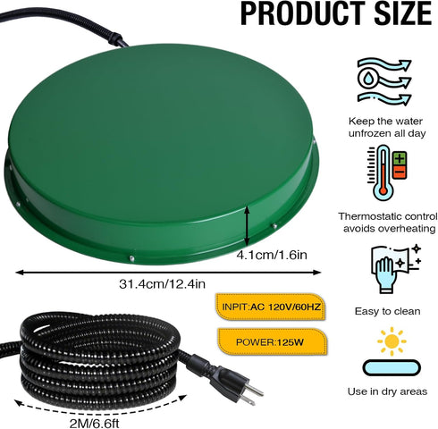 12.4", 125W 35 6.6' (Green,2PACK) Chicken Water Heater for Winter Thermostat Chicken Drinker Heater Base for Gal Metal