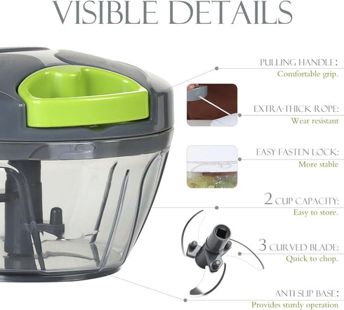 Ourokhome Portable Manual Food Processor Vegetable Chopper, Hand Pull String Garlic Mincer Onion Cutter for Veggies,