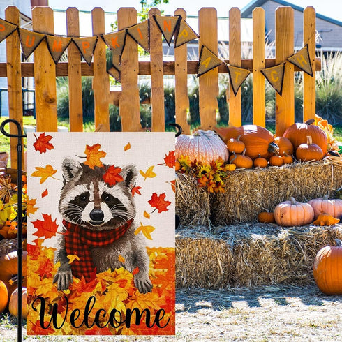 Welcome Fall Maple Leaves Garden Flag, 12.5x18 Inch Double Sided Seasonal Raccoon Outdoor Decoration for Autumn