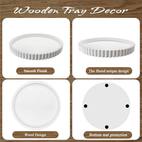 12in Handmade Decorative Tray for Coffee Table Tray Decor, White Wooden Decorative Round Tray for for Coffee Table