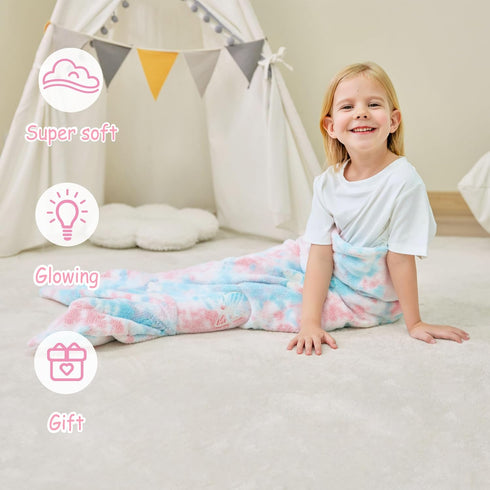 Viviland Kids Mermaid Tail Blanket, Glow in The Dark Flannel Mermaid Blanket Gifts for Girls, Luminous Star Tie Dye